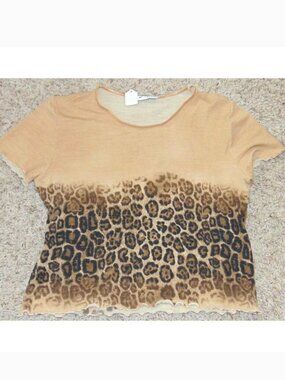 Enza Italy Top Womens XL Brown Leopard Short Sleeve Wool Blend Shirt $129